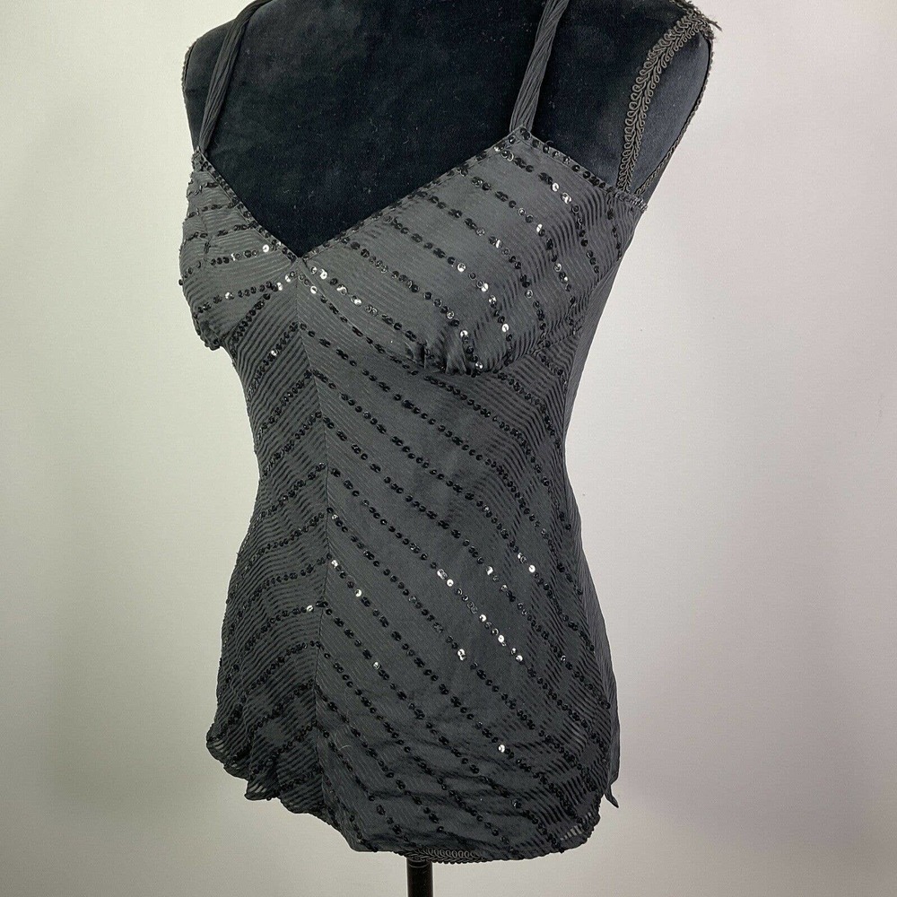 Anthropologie 100% Silk Cami Black Going Out Top Sequin Y2K